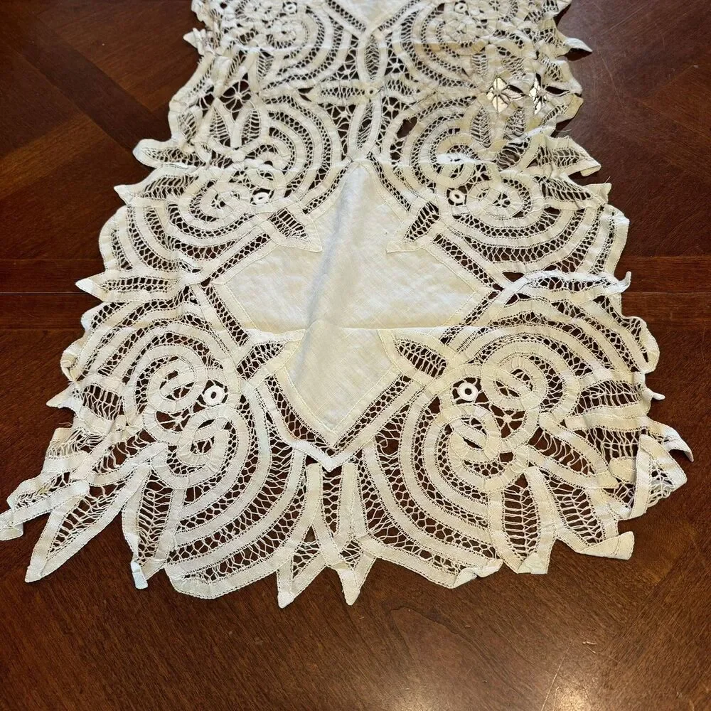 Antique Table Runner Dresser Scarf Battenburg Lace With Stains 54” By 16”